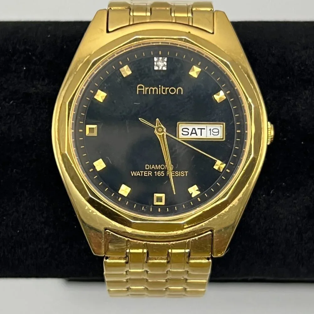 ARMITRON Gold and Black Diamond Mens Watch Working